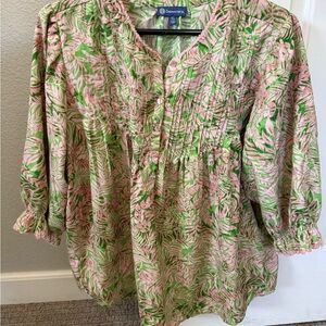 Democracy Pink & Green Floral Pintuck Peasant Tunic